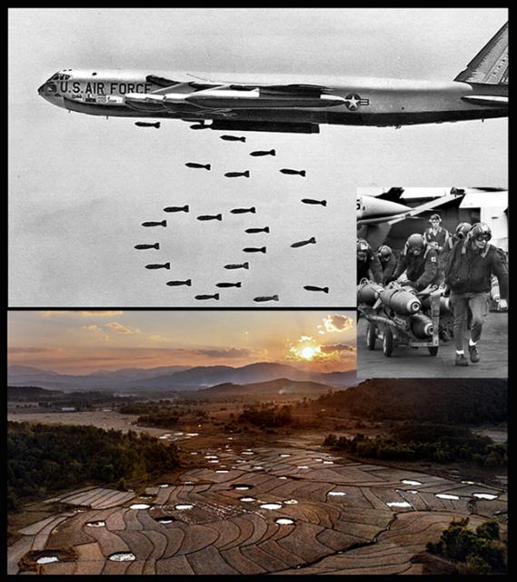 B52 bombing, bomb loaders and bomb craters today in Laos